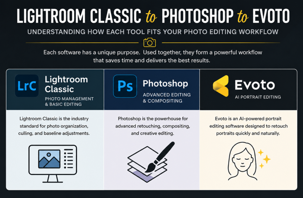 Infographic showing a professional photo editing workflow from Lightroom Classic to Photoshop to Evoto for portrait photography and headshot retouching.