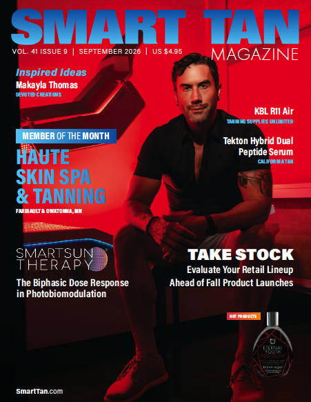 September 2026 Smart Tan Magazine cover featuring Haute Skin Spa & Tanning owner Cole Johnson